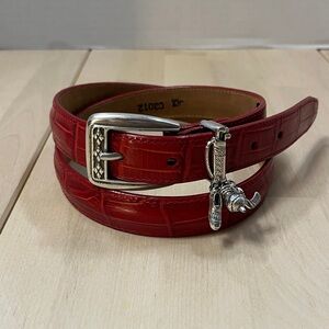 Vintage Brighton Red Leather Croc Print Belt  Silver Tone Buckle & Golf Charms